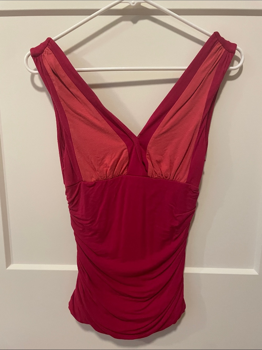 bebe Two-Tone V-Neck Ruched Tank Top